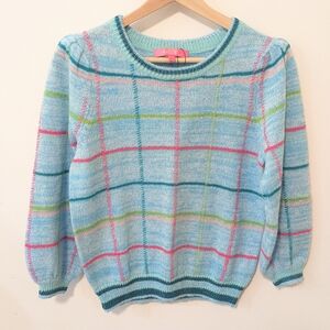 Lilly Pulitzer Light Blue Plaid Crewneck Sweater with Pink & Lime Accents